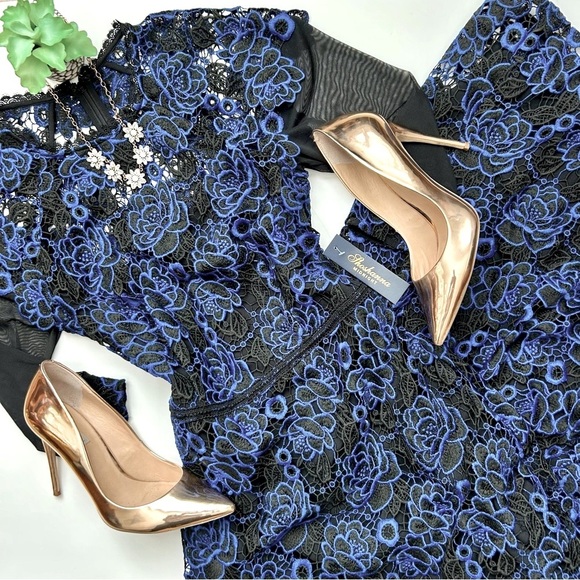 Shoshanna Midnight Raven Black Blue Floral Lace Dress Evening Gown Size 6 NWT - Picture 2 of 12